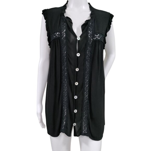 Made in Italy Whimsy Boho Black Lace Trim Ruffle Button Up Sleeve Blouse - Picture 2 of 10